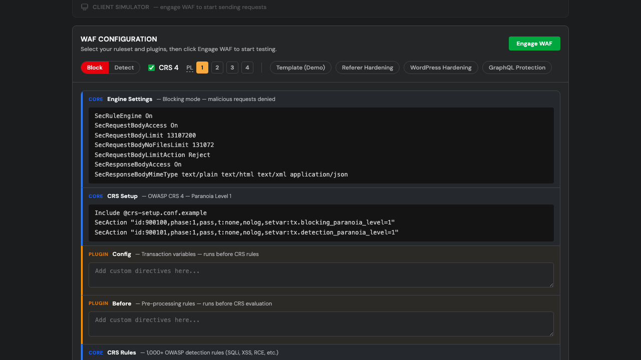 Coraza WAF Playground interface showing rule configuration and request testing